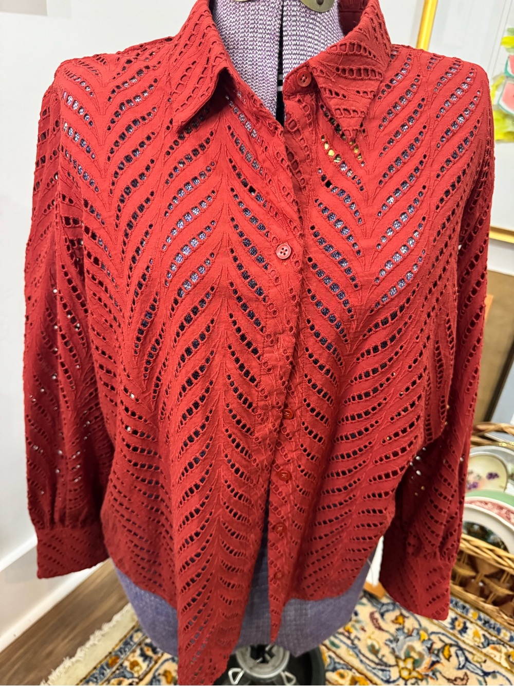 Chicos red eyelet button blouse, Sz 2(14), lightweight cotton. Coastal grandma